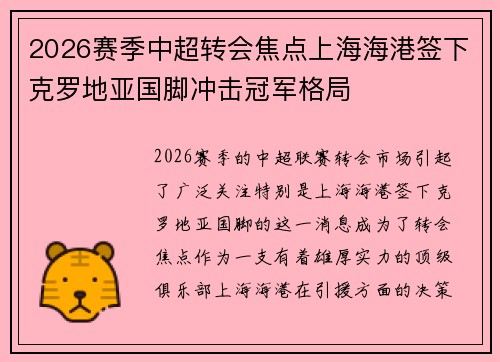 2026赛季中超转会焦点上海海港签下克罗地亚国脚冲击冠军格局