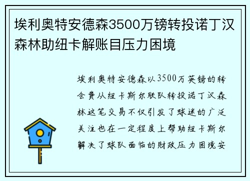 埃利奥特安德森3500万镑转投诺丁汉森林助纽卡解账目压力困境 埃利奥特安德森3500万镑转投诺丁汉森林助纽卡解账目压力困境